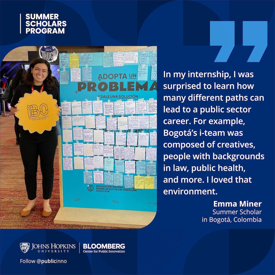 #ScholarSpotlight 🔦 Emma Miner in #Bogotá, Colombia 🇨🇴 Emma's work with Bogotá's Innovation Lab helped revolutionize how women access self-care services through #DigitalInnovation. Want to be a Summer Scholar? @JohnsHopkins grad students - apply today: hubs.ly/Q02pZC8M0
