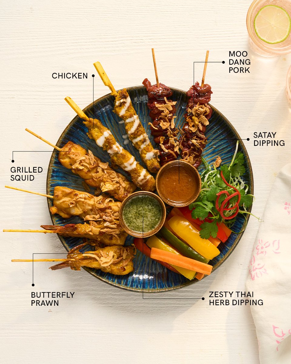 Introducing our NEW Satay Four Ways. 🦑 Experience marinated skewers: Moo Dang Pork, Chicken, Grilled Squid, and Butterfly Prawns. Expertly grilled, served with rich Satay sauce and zesty Thai Herb dip.