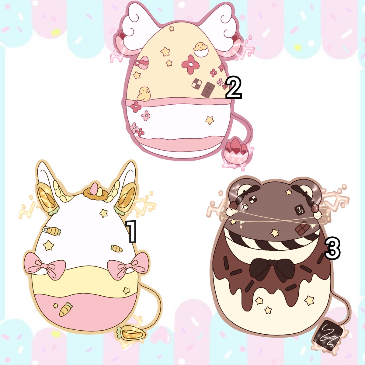 Pinkaii_draw's tweet image. Mystery adopts !

Claim in comments to discover your chibi character (like my other adopts in my profile)

1 : carrot bunny 15€
2 : eggs and flowers 15€
3 : three chocolates 20€

The character will be a Spacity (my closed species)

#mysteryadopt #adoptable #eggadopt #easterart