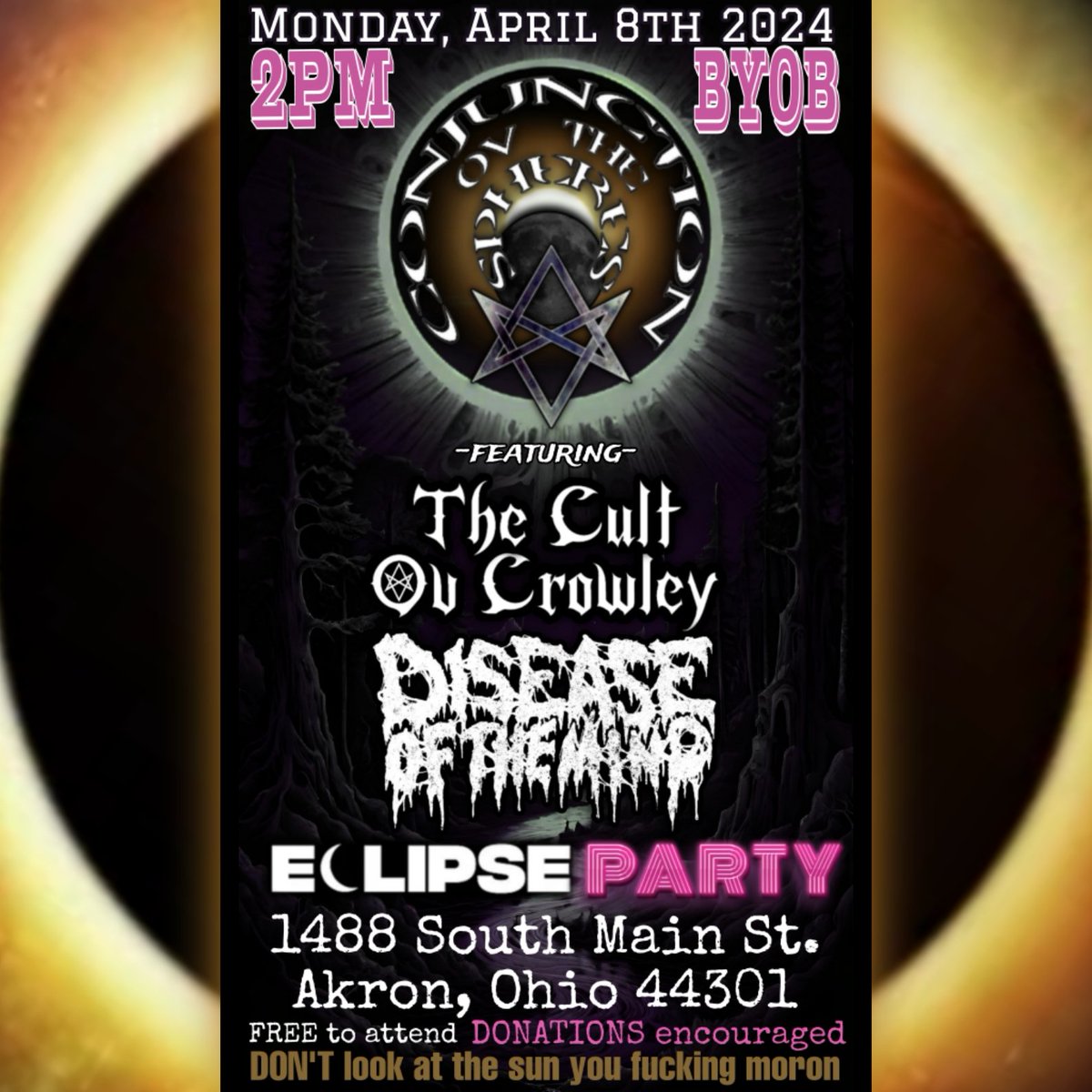 Music starts at 2pm. Get there early and bring your special eclipse glasses for an unforgettable show. #thecultovcrowley #ohiorock #ohiometal #akronrock #akrondoom #akronmetal #doom #ohiodoom #independentartist #undergroundmusic #livemusic #localmusic #solareclipse2024 #akron