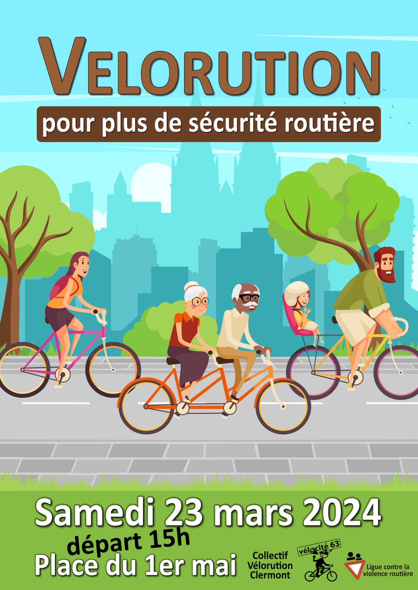 [Vélorution de mars] Pour une plus grande sécurité pour tous  

📅 Samedi 23 mars 2024, départ à 15h 
📷 pour une 1ère à <a href="/CebazatOfficiel/">Ville de Cébazat</a>
(passage devant la mairie vers 15h30/16h)  

avec la <a href="/lcvr63/">Ligue Contre la Violence Routière 63</a>