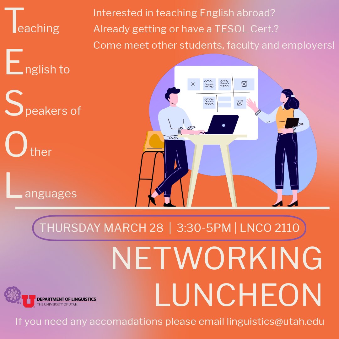 Do you think you might be interested in Teaching English to Speakers of Other Languages? Don't miss the TESOL Networking event next Thursday March 28th from 3:30-5pm in LNCO 2110! RSVP at this link: dashboard.mailerlite.com/forms/617756/1…