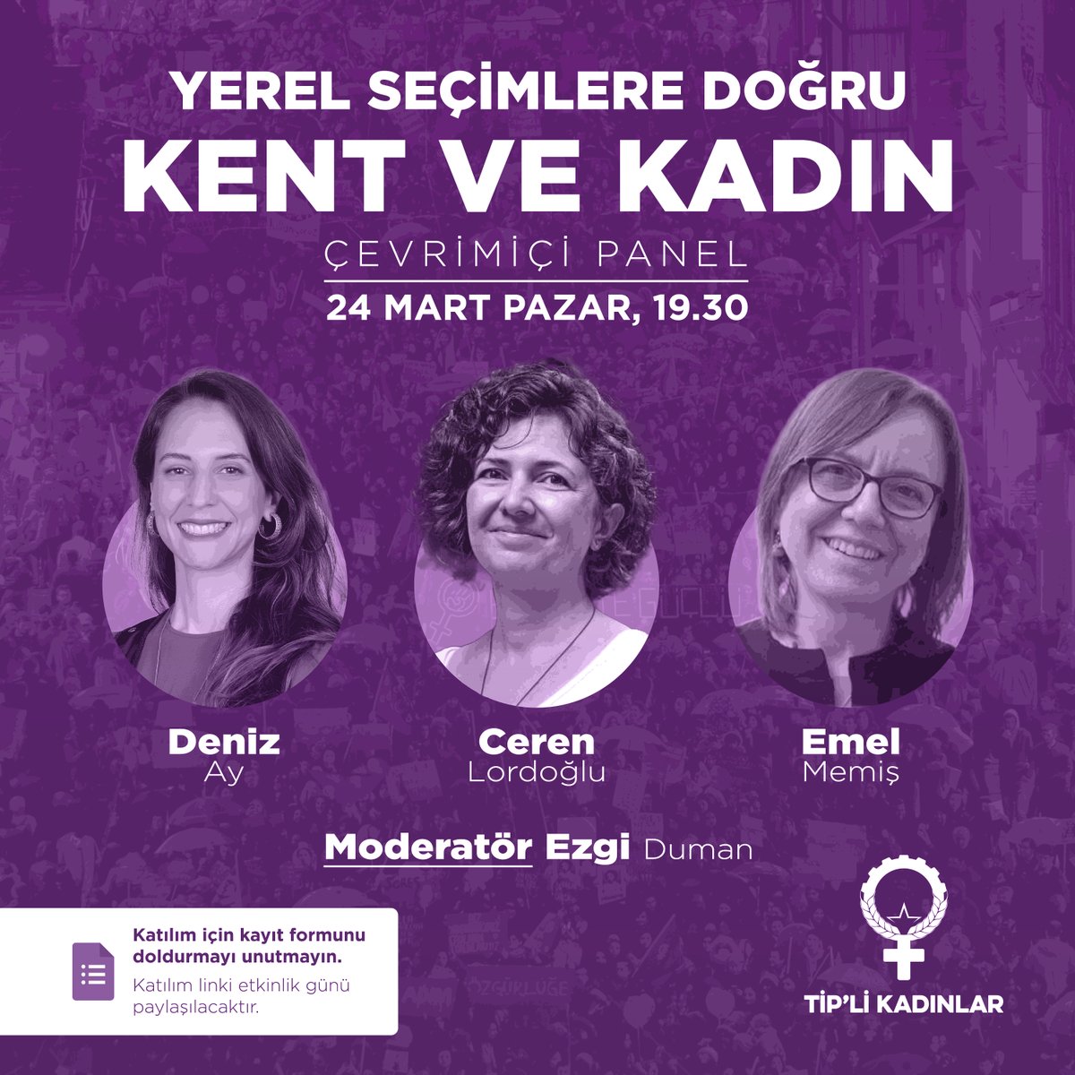 24 Mart Pazar günü kent hakkımızı konuşuyoruz. Saat 19.30’da Zoom üzerinden gerçekleşecek panelimize tüm kadınlar davetlidir. Kayıt için formu doldurmayı unutmayın 💜 Kent hakkımızı #AlmayaGeliyoruz docs.google.com/forms/d/1TDIP3…