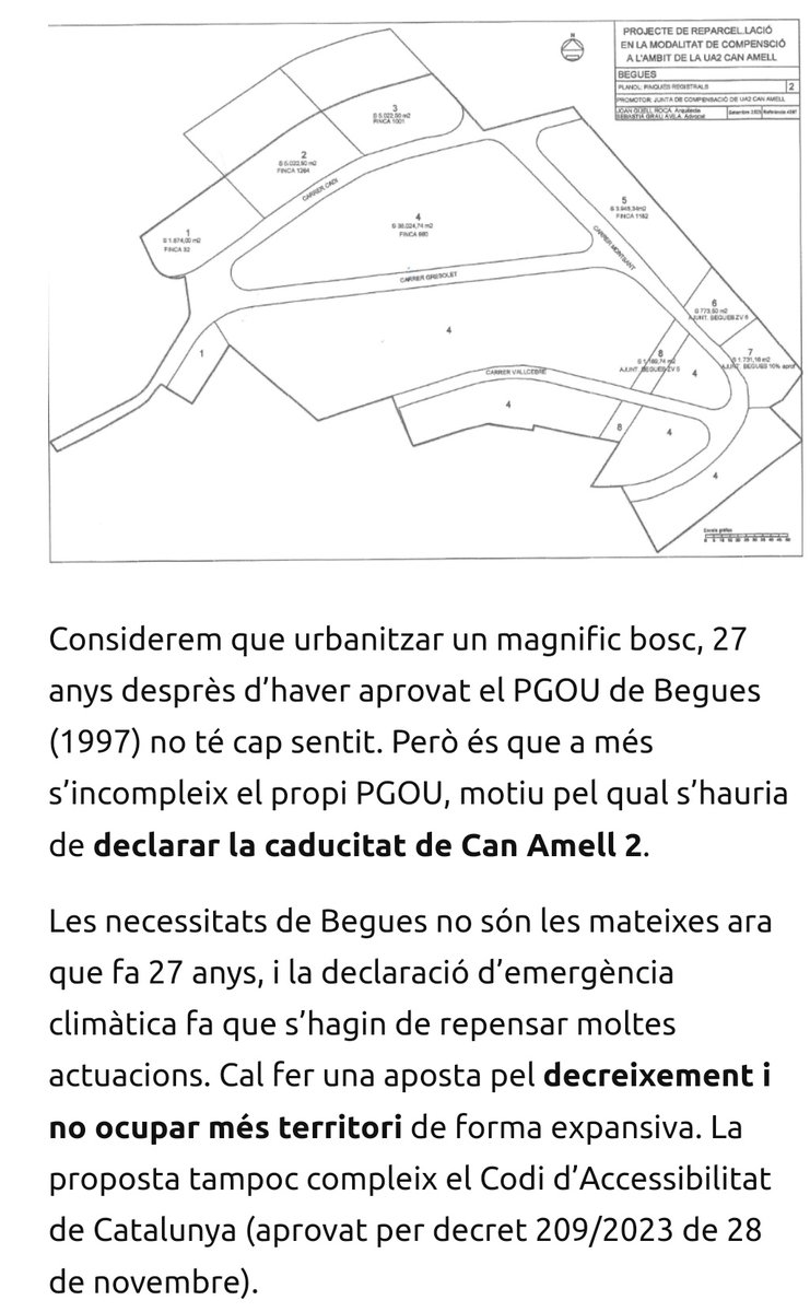 BeguesCup's tweet photo. A #begues tenim polígons urbanitzats amb carrers, voreres, enllumenat i parcel·les en venda com Mas Pascual. No té sentit urbanitzar Can Amell 2 i perdre bosc.
Us compartim les al·legacions del @beguesceb i altres entitats del poble, contra el projecte.

https://t.co/bhQDgqmbsY https://t.co/RGEZRc4Rlu
