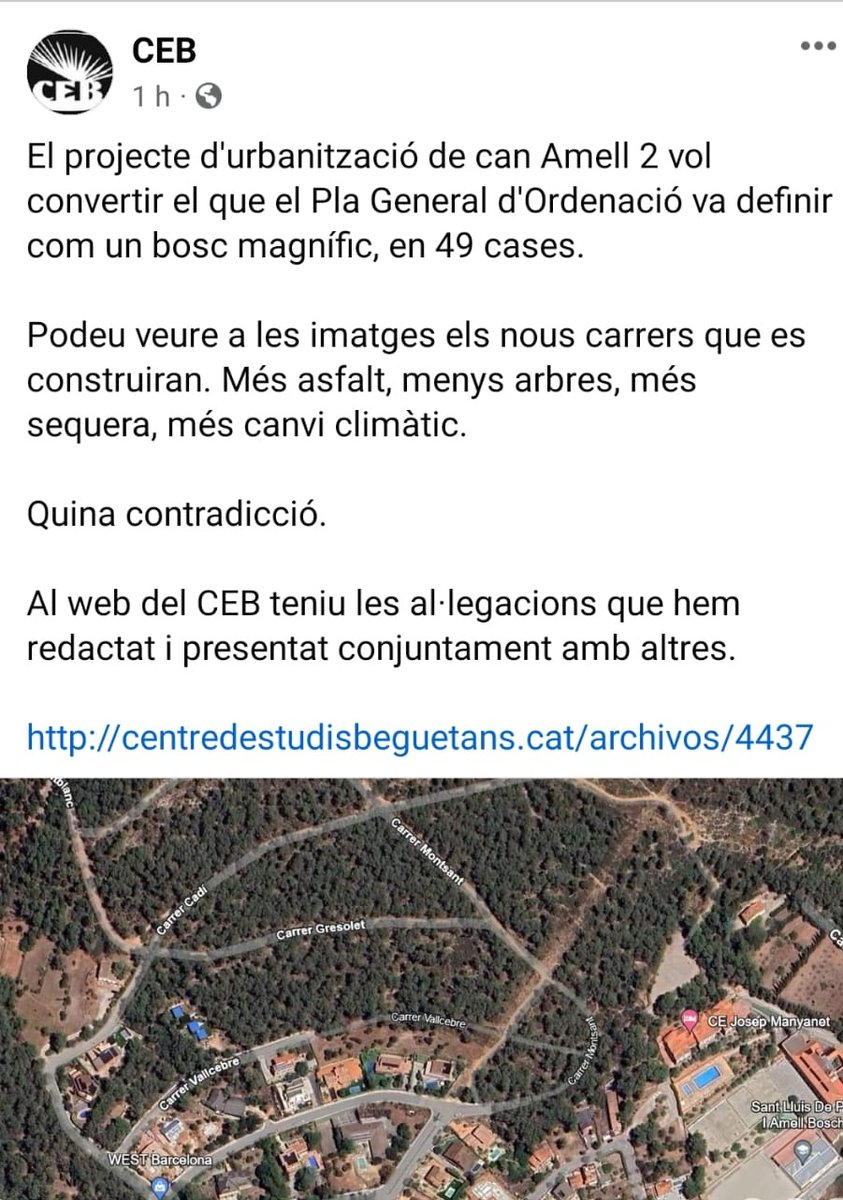 BeguesCup's tweet photo. A #begues tenim polígons urbanitzats amb carrers, voreres, enllumenat i parcel·les en venda com Mas Pascual. No té sentit urbanitzar Can Amell 2 i perdre bosc.
Us compartim les al·legacions del @beguesceb i altres entitats del poble, contra el projecte.

https://t.co/bhQDgqmbsY https://t.co/RGEZRc4Rlu