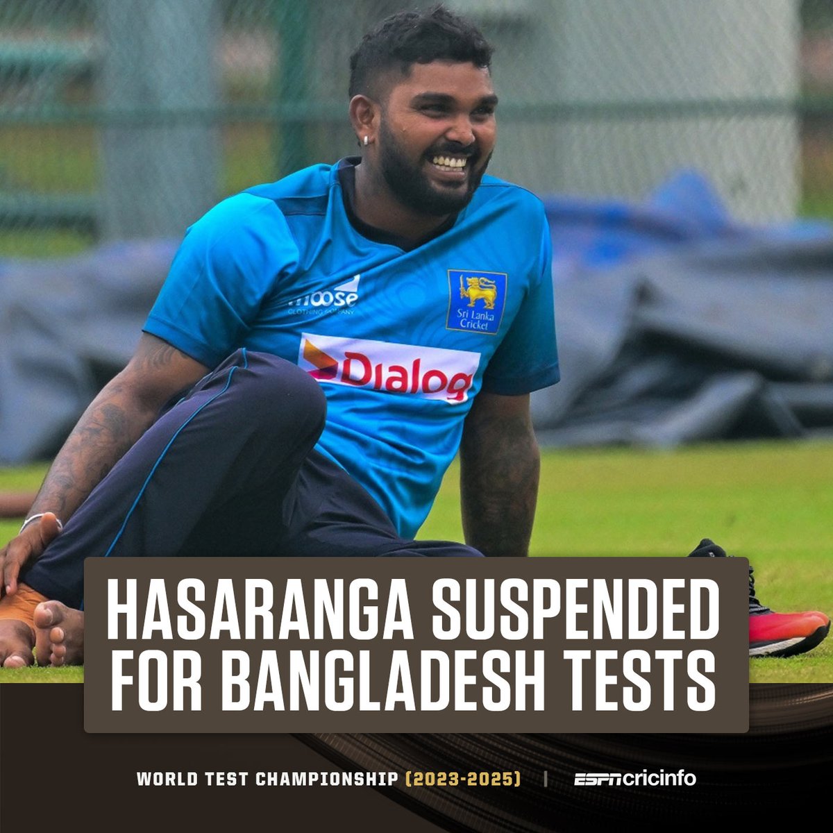 JUST IN: Wanindu Hasaranga's return to Test cricket won't happen in Bangladesh. He's been suspended for two Tests after being sanctioned three demerit points for showing dissent at the umpire's decision during the third #BANvSL ODI
