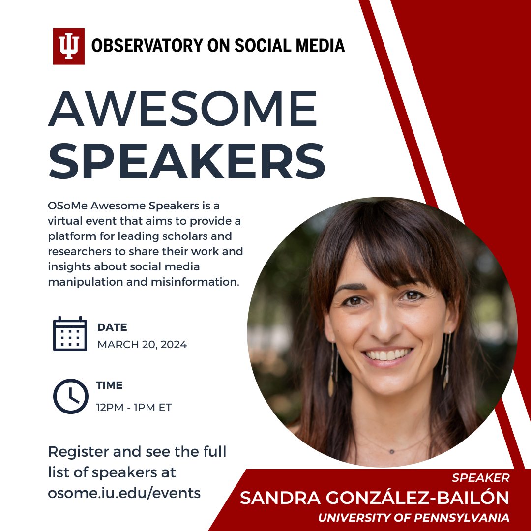 We hope everyone had a great spring break 🏖️ OSoMe Awesome Speakers is back in action tomorrow with @sgonzalezbailon! Register for her talk 'Social and algorithmic choices in the transmission of information' here: iu.zoom.us/meeting/regist…