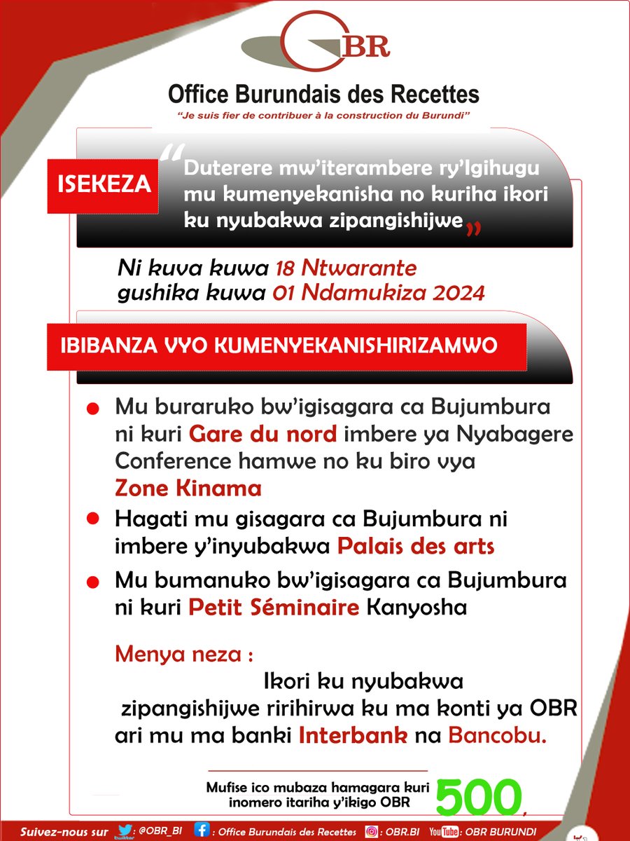 #Burundi : Ikigo kijejwe gutororokanya amakori n'amatagisi @OBR_BI kiramenyesha abafise inyubakwa bapangishije ko isekeza ryo kurihira amakori ayo mazu ryatanguye kuri uyu wa 18 Ntwarante kugeza kuwa 01 Ndamukiza 2024.