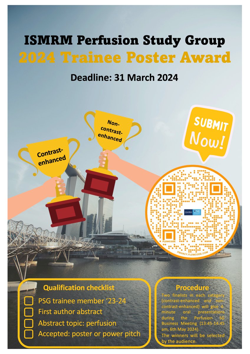 If you have a first author poster or power pitch at #ISMRM24 on Perfusion MRI, then consider entering the <a href="/ISMRM_Perfusion/">ISMRM Perfusion Study Group</a> Study Group Trainee Poster Competition! Enter here: forms.gle/TrWMkvSxSZsyHX…. <a href="/ISMRM/">ISMRM</a> 1/3