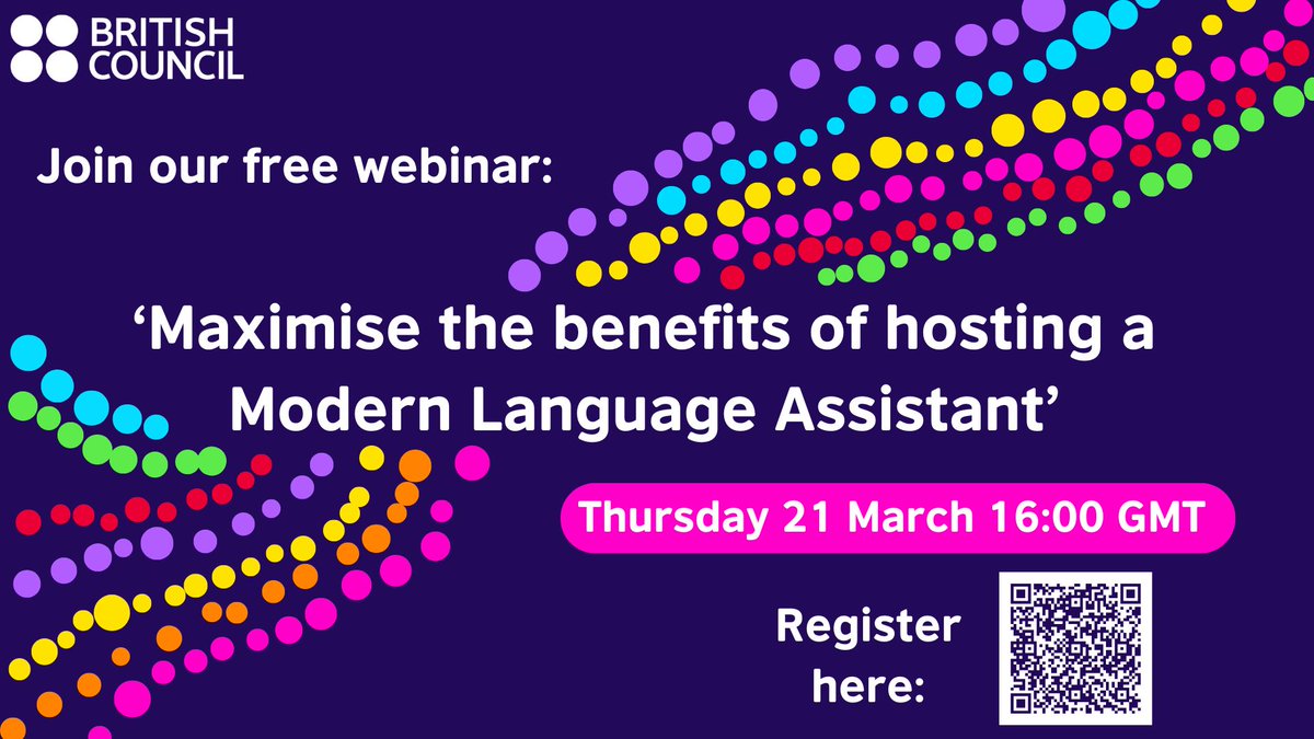 ⏰Reminder: Join us on the 21 March at 16:00 GMT for our webinar on how to 'Maximise the benefits of hosting a Modern Language Assistant'. We'll be hearing from a variety of speakers on their experiences of hosting Language Assistants! Register now: britishcouncil.org/school-resourc…