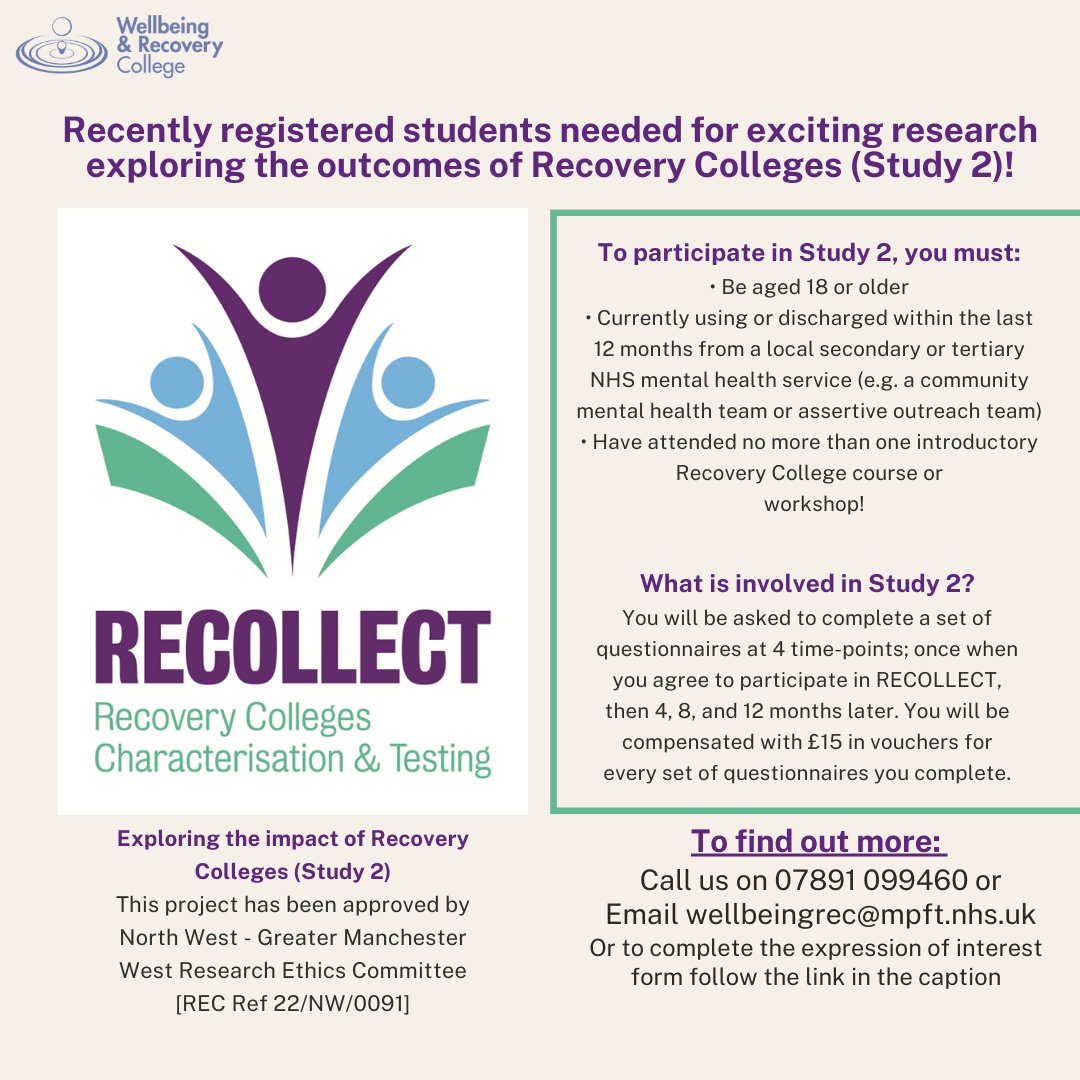 We would like to encourage eligible students to take part in the RECOLLECT 2 research study, with the opportunity to receive up to £60 in vouchers. See the poster for eligibility criteria or contact us for more information #recoverycollege #research