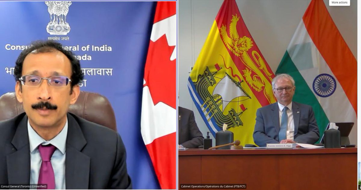 CG @S_Nath_S met with Premier of New Brunswick @premierbhiggs and Minister Hon Greg Turner over VC. Ongoing as well as future areas of cooperation in trade, economic and people to people engagements were discussed. @MEAIndia @IndianDiplomacy @ONBCanada @Gov_NB