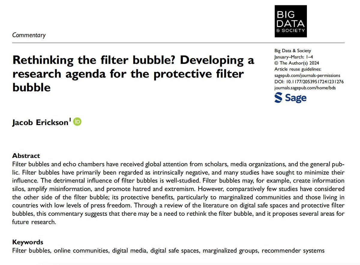 In his new commentary 'Rethinking the filter bubble? Developing a research agenda for the protective filter bubble', Jacob Erickson offers refreshing perspectives on filter bubbles in #digital_social_space and #social_media: buff.ly/3vdxgMN #marginalised_ communities