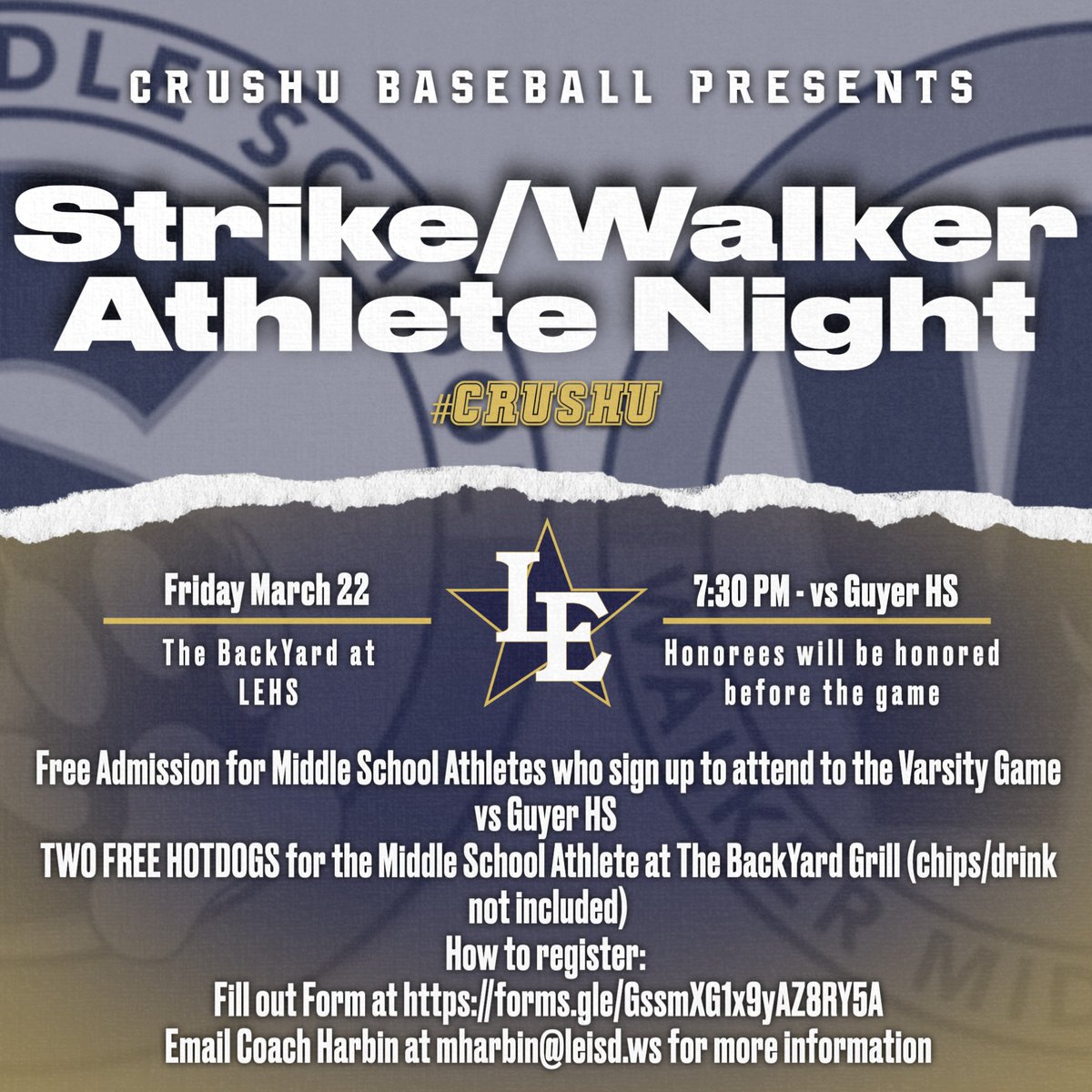 Join us this Friday 3/22 for our annual Strike/Walker Athlete Night!!!! All MS Athletes that sign up will be on the field for the National Anthem!!!! Sign up here: forms.gle/usHaeWkhojewJy… @STRIKEMSLOBOS @walker_leisd @LEISDAthletics