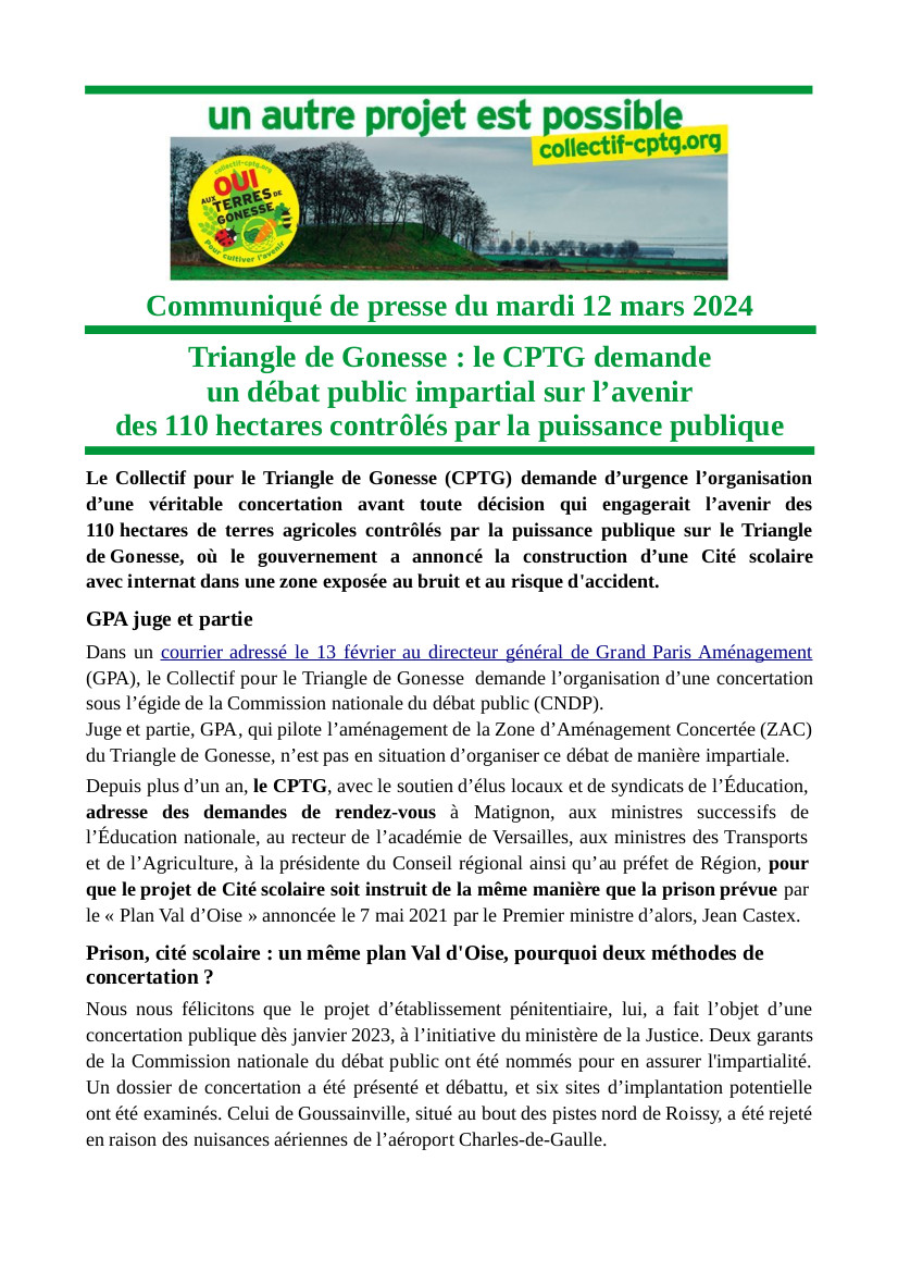 Triangle de #Gonesse: ns demandons un débat public impartial sur l'avenir des 110ha contrôlés par la puissance publique Comme celui du centre pénitentiaire, l'emplacemt de la Cité Scolaire de l'Est du @valdoise doit faire l'objet d'une concertation ss l'égide de @CNDPDebatPublic