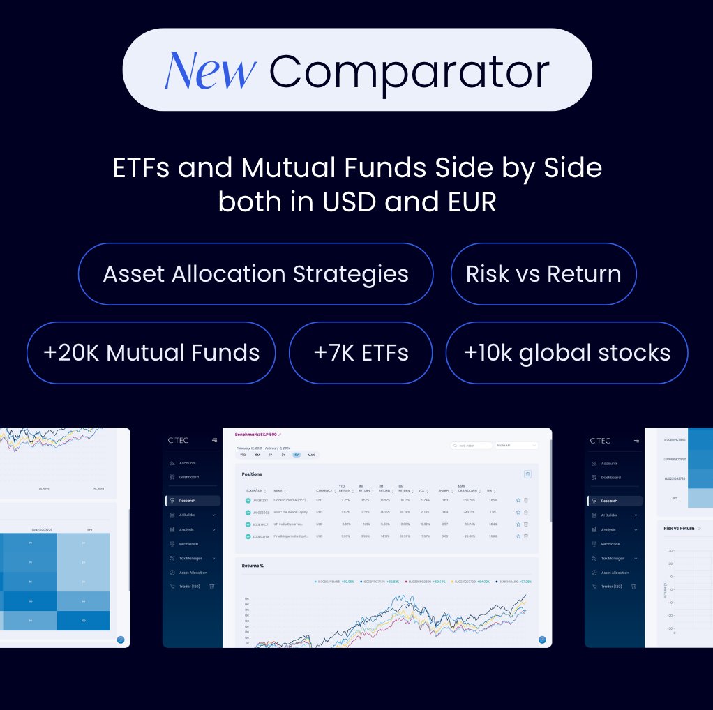 Citecsolutions's tweet photo. Introducing CITEC’s Comparator! 🔍 Compare assets effortlessly, visualize performance, and make informed choices. Experience the difference now: Comprehensive Coverage, Performance Normalization, Dividend Yield Adjustment, Hassle-Free Integration.
 #Investing #Fintech #CITEC https://t.co/Whpyh7Jc50