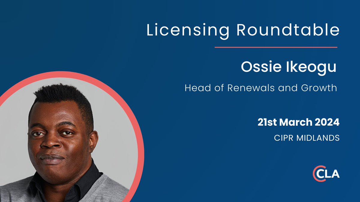 Our Head of Renewals and Growth, Ossie Ikeogu, is speaking at the CIPR Midlands Licensing Roundtable on 21st March. Join live for insight on licensing requirements, CLA, NLA, online media and much more. bit.ly/3TsFmuq #CLA #Copyright #Roundtable #PRCopyright #Licensing