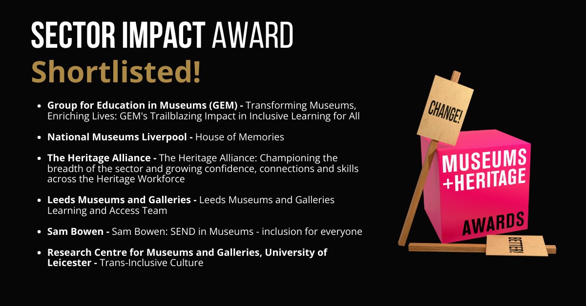 A huge congratulations to the Sector Impact Award shortlistees! ⭐ @gem_heritage @NML_Muse @Heritage_NGOs @LeedsMuseums @makedoandSEND @uniofleicester We can't wait to see you at the awards ceremony May 15th! Book your tickets to the Awards Ceremony: awards.museumsandheritage.com/the-ceremony/