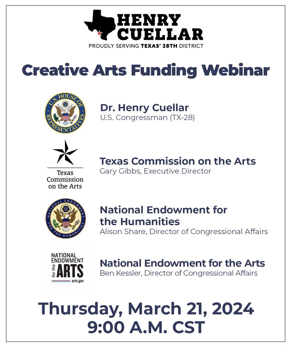 On Thursday, March 21, 2024, at 9:00 A.M. CST, I will host a webinar on funding opportunities for the creative arts. Please join me and representatives from @NEAarts, @NEHgov, and @TXCommArts. To register for the webinar, click the link below: tinyurl.com/5hyaa9wb If you…