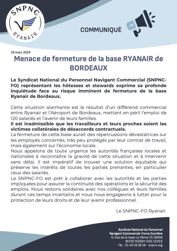 ❌ MENACE DE FERMETURE DE LA BASE RYANAIR DE BORDEAUX ❌
<a href="/Aeroport_BOD/">Aeroport de Bordeaux</a> <a href="/Ryanair/">Ryanair</a> <a href="/P_Vergriete/">Patrice Vergriete</a> <a href="/CCIBdxGironde/">CCI Bordeaux Gironde</a>