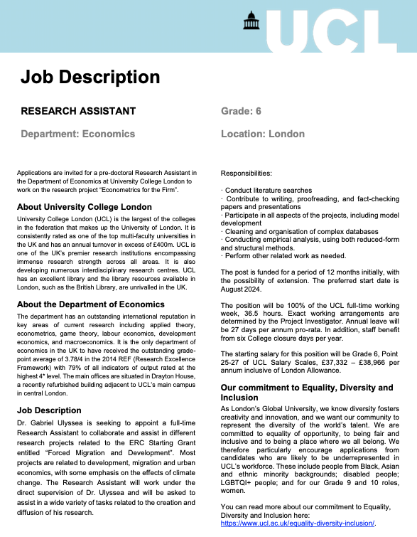 I'm looking for a full-time RA, starting Aug-Sep this year. The position is based in London at @EconUCL , to work on my ERC funded projects on 'Forced Migration and Development'. Job ad below. Apply here: tinyurl.com/ywhsr4hh #EconTwitter and @econ_ra, pls spread the word!