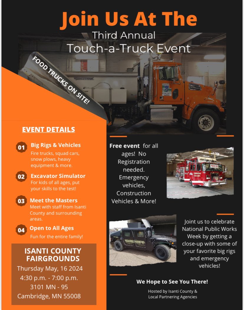 Mark your calendars!  May 16, 2024 from 4:30 PM -7:00 PM at the Isanti County Fairgrounds.