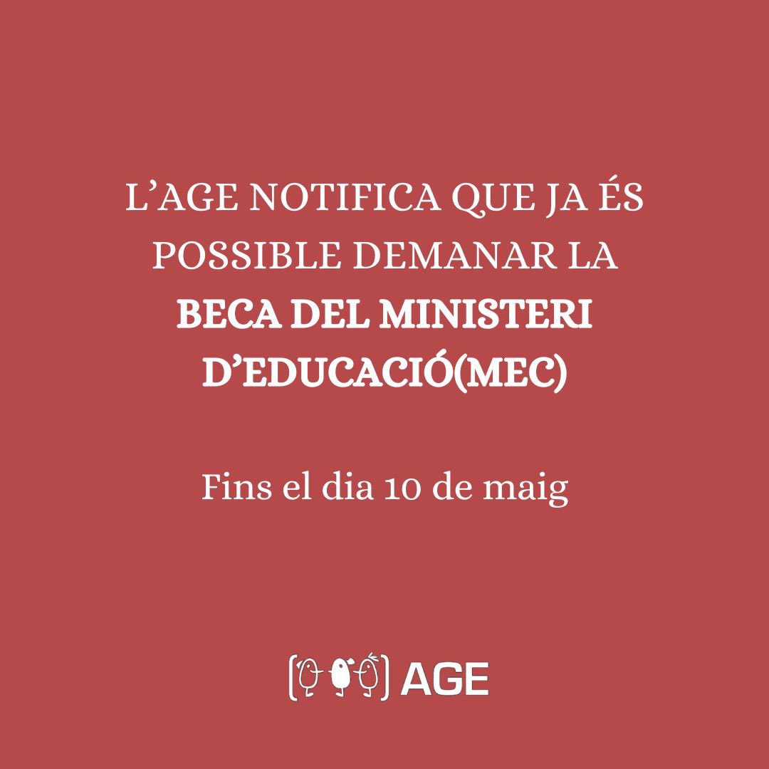 Des de l’AGE volem notificar que ja s’ha obert el termini per demanar la beca del ministeri d’educació(MEC) del curs 24-25, fins el dia 10 de maig.Tanmateix, recordar que es demane la beca tot i no saber què ni on estudiaran ja que més tard es podrà modificar.