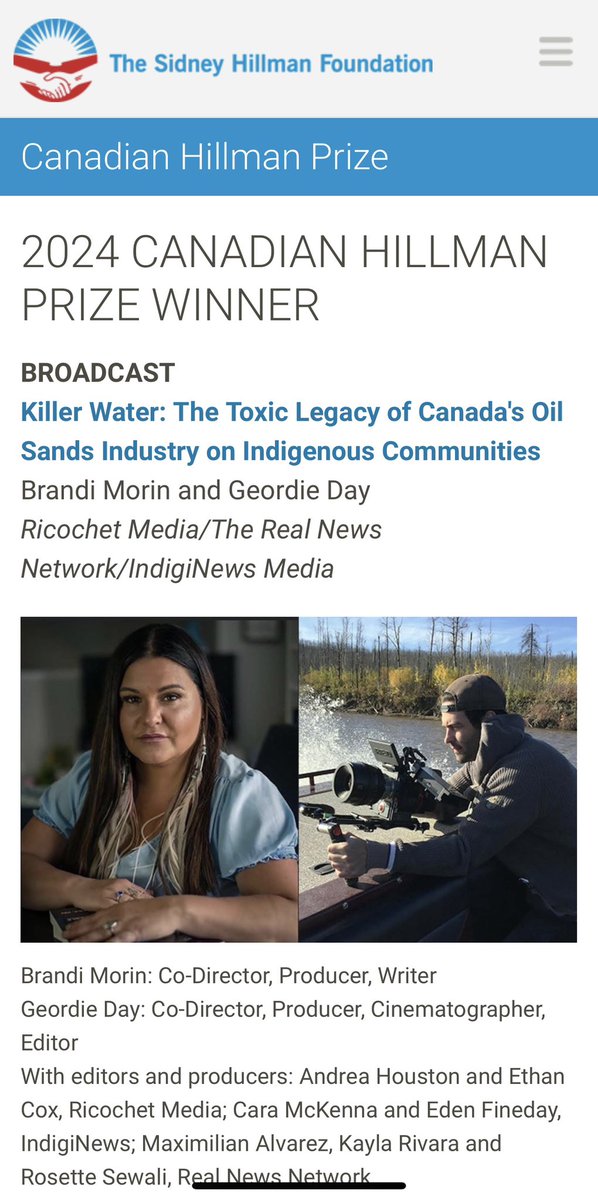Stunned to learn @geordieday and I won the prestigious @SidneyHillman 2024 Canadian Hillman Award Broadcast category for our film Killer Water produced in conjunction with @ricochet_en @TheRealNews @IndigiNewsMedia These stories are making waves & I am soooooo blessed to do this…