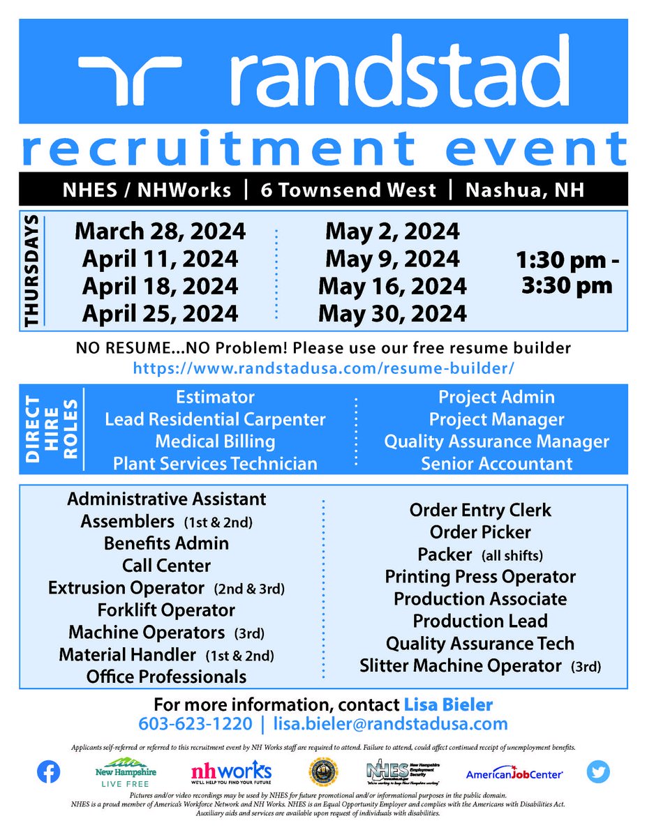 NHESWorking's tweet photo. Randstad Recruitment Events
Thursdays till June!
March 28, 2024
April 11, 2024
April 18, 2024
April 25, 2024
May 2, 2024
May 9, 2024
May 16, 2024
May 30, 2024
1:30 pm - 3:30 pm
NHES / NHWorks
6 Townsend West
Nashua, NH 03063
#NHWorks #NHES #JobsInNH #NHJobs https://t.co/uvWiwFR82T