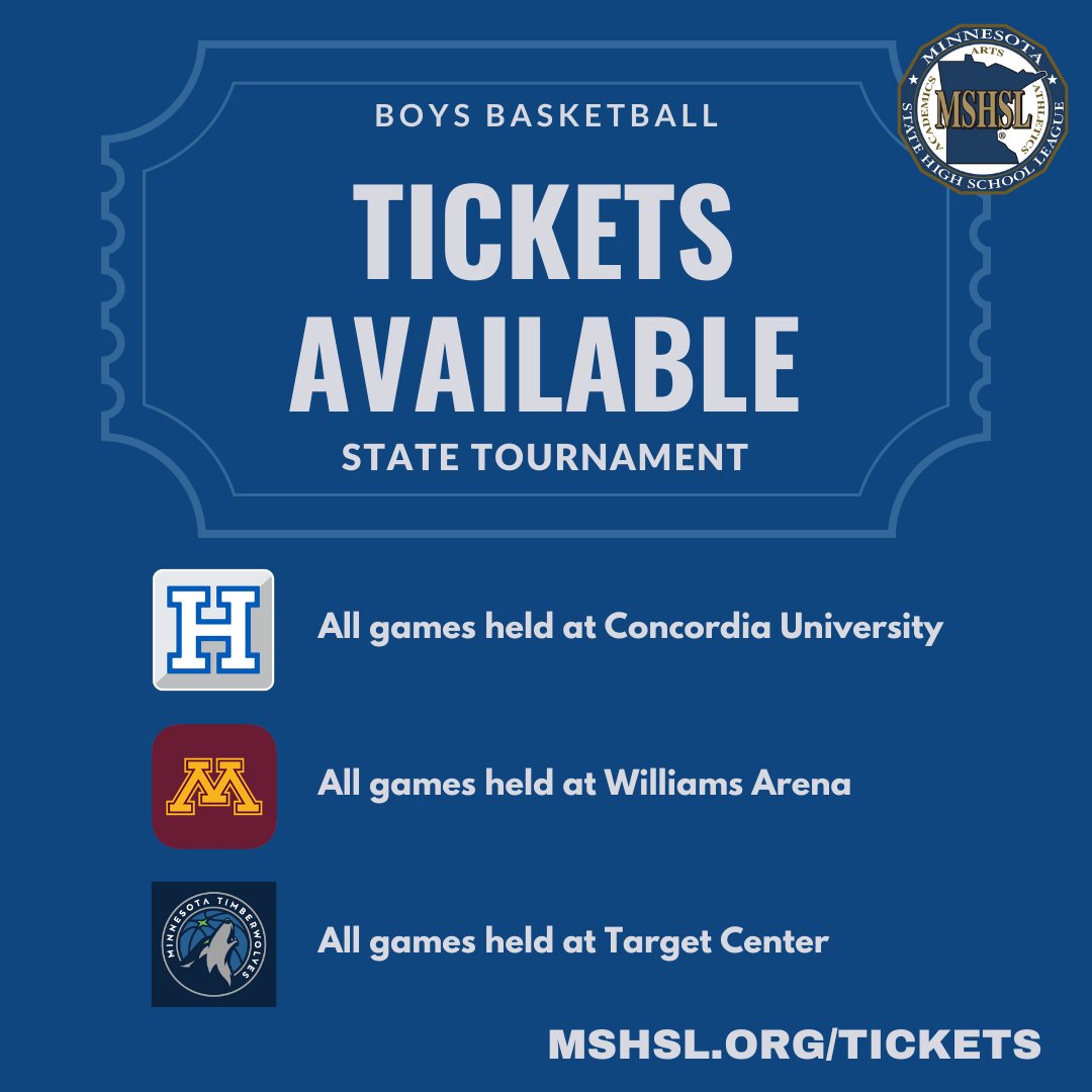 MSHSL's tweet photo. Important ticketing information for Boys Basketball this week: Three different ticket vendors are being used over the next four days. Please plan ahead, make sure to follow your teams and check our brackets to see where they will play next before you purchase your tickets! https://t.co/133fXy1fyc
