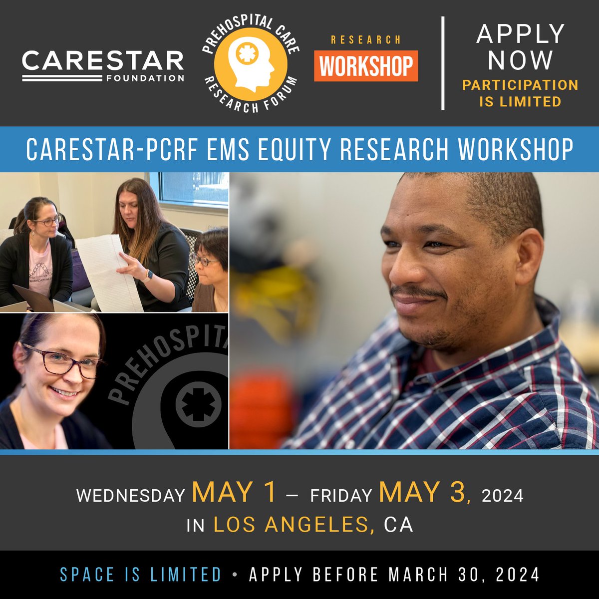 PCRF is excited to announce general applications for the CARESTAR-PCRF EMS Equity Research Workshop, May 1-3 at the Paramedic campus in Los Angeles. The Workshop is focused on CA EMS personnel and the importance of diversity, equity and inclusivity: ow.ly/92Cz50QWamS