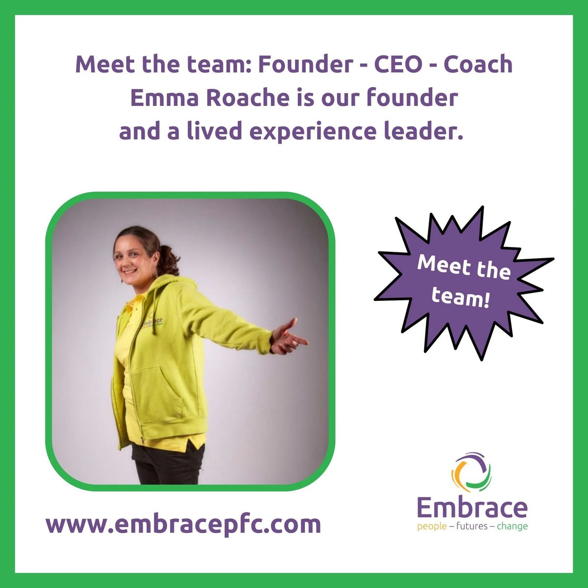 Meet the team - Founder - CEO - Coach.  Emma Roache, our founder is a lived experience leader, combining &amp; academic knowledge &amp; skills together with her own lived experiences to bring coaching to people who could otherwise not be able to access.

buff.ly/2twJH2y