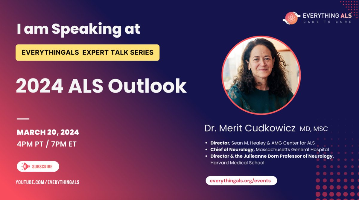 MGHNeurology's tweet photo. Join @MeritCudkowicz at @everything_als #ALSExpertTalks tomorrow 3/20 at 4 PM EST. Hope to see you there! https://t.co/Nh4cuirMuv