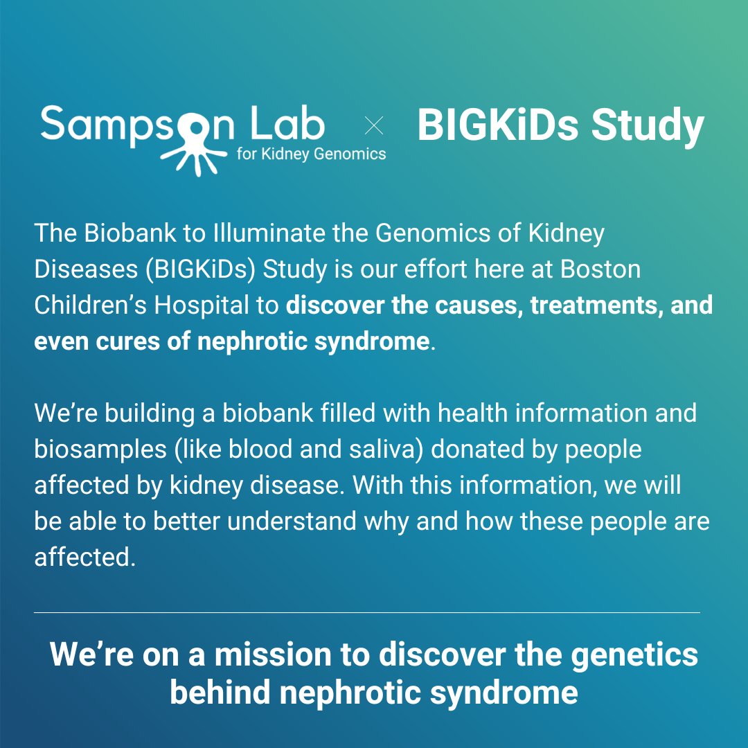 This Kidney Month, NephCure is partnering with @Sampson Lab for Kidney Genomics to bring you important resources and information on kidney genomics! If you want to learn more about BIGKiDs, visit sampsonlab.org/bigkids or email bigkids.biobank@childrens.harvard.edu