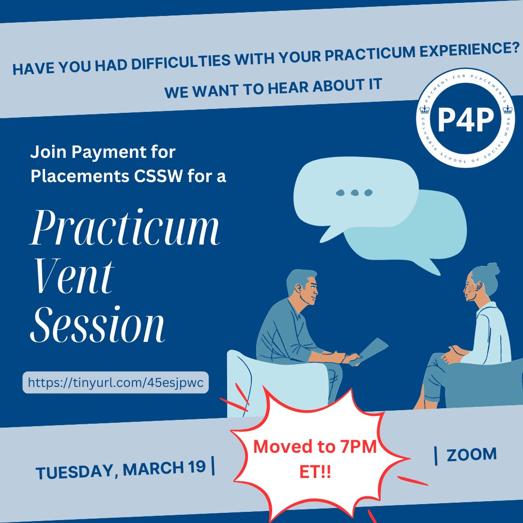 TONIGHT!! NEW TIME!! Join us at 7PM ET for a virtual practicum vent session!

Link: tinyurl.com/45esjpwc