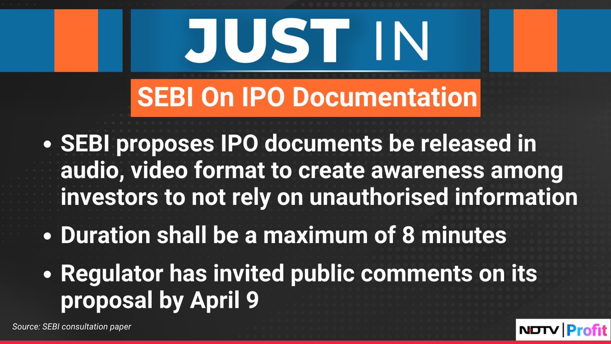 NDTVProfitIndia's tweet image. #SEBI proposes #IPO documents be released in audio, video format.

For the latest news and updates, visit: ndtvprofit.com