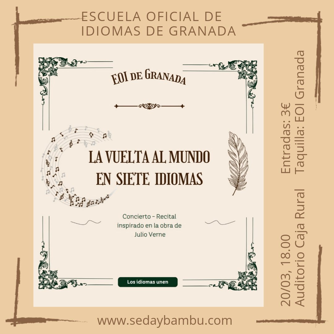 SedaBambu's tweet photo. Colaboración con la @EoiGranada en su homenaje a La Vuelta al Mundo en 80 Días, representando a China

⌛ 20/03, 18.00
🌍 Auditorio Caja Rural
🎟️ Entradas: 3€ 

#JulioVerne #LaVueltaAlMundoEn80Dias #sedaybambú
#sedabambú #China #musicachina #chinesemusic https://t.co/AeAKD2oG4S