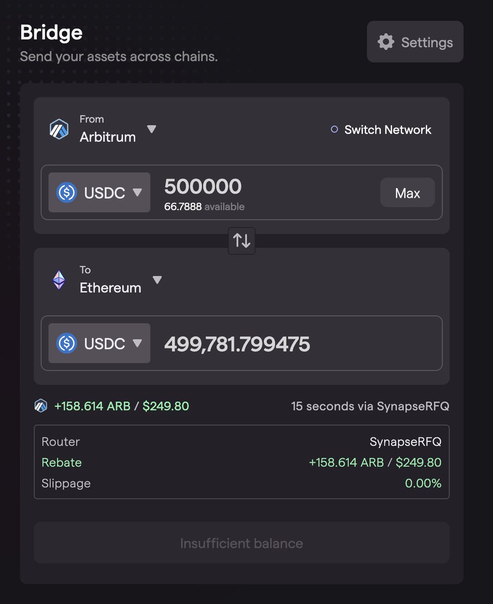 RFQ bridge quotes 🤯🤯 Bridge $500k USDC from Arbitrum to Ethereum in 15 seconds.
