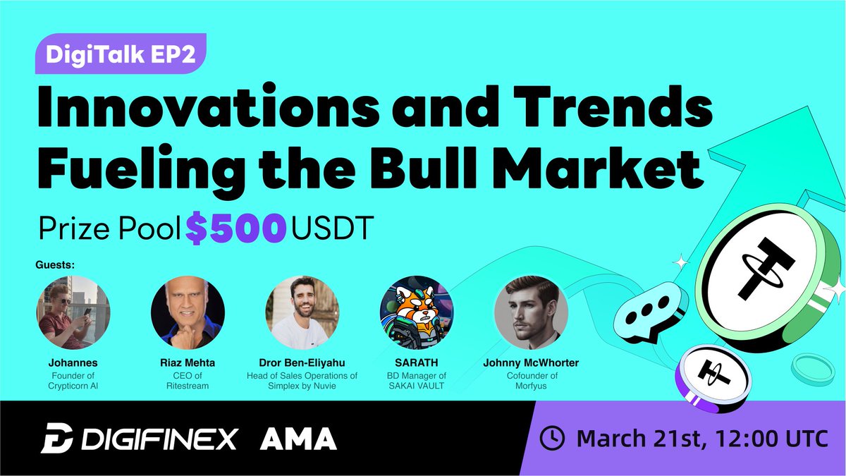 🚀 Dive into #DigiTalk X: Uncovering Opportunities & Trends in Crypto Market Shifts With @CrypticornAI @ritestream_io @SimplexCC @SAKAIVault @MorfyusOfficial! 🎉 RT & set reminder to share 500 USDT: x.com/i/spaces/1dxxy… 👉🏼Comment your DigiFinex UID & Tag 3 frens ⏰ Mar 21,