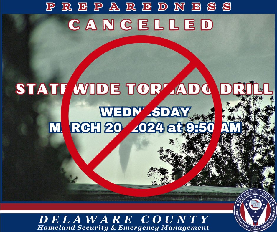 Out of consideration for our residents' experiences with last week's tornado, Delaware County has opted out of the Statewide Tornado Drill siren test tomorrow morning at 9:50 AM.  Take time to review how your family's plan worked and whether there are any changes you should make.
