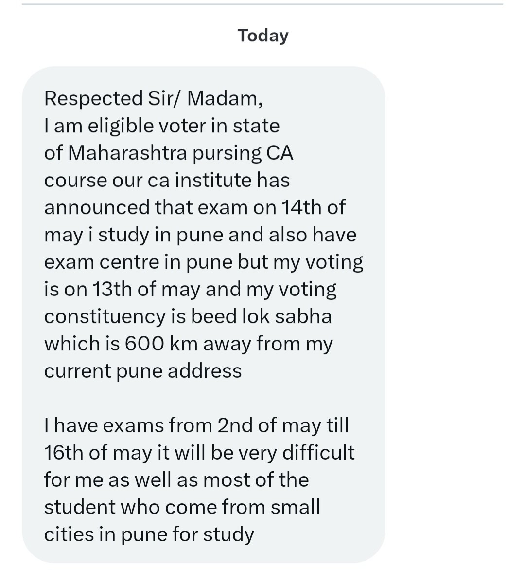 LegendsWale's tweet photo. More than 3 Lakh students have been ripped their right to vote by @theicai . Many students have to travel to other city for giving exam. How can they give exam?? 
Please look into the matter.
@narendramodi @PiyushGoyal
@PMOIndia @ECISVEEP 
#caexams #castudents #ICAI 
#icaiexam https://t.co/LH0LrXyAd3