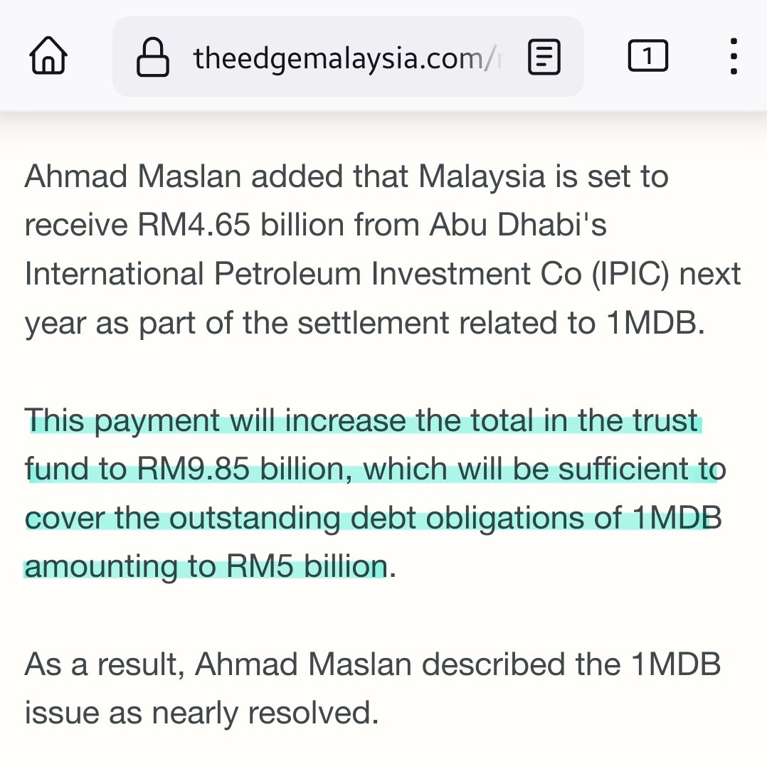 Begitulah mudahnya kita ditipu, "hutang 1MDB anak cucu kita tanggung".

Rupanya hampir selesai, dgn lebihan baki lagi dlm akaun amanah 1MDB setelah dana dari syarikat minyak Abu Dhabi yg dipinjam dahulu, dilunaskan. 🤦🏻‍♂️