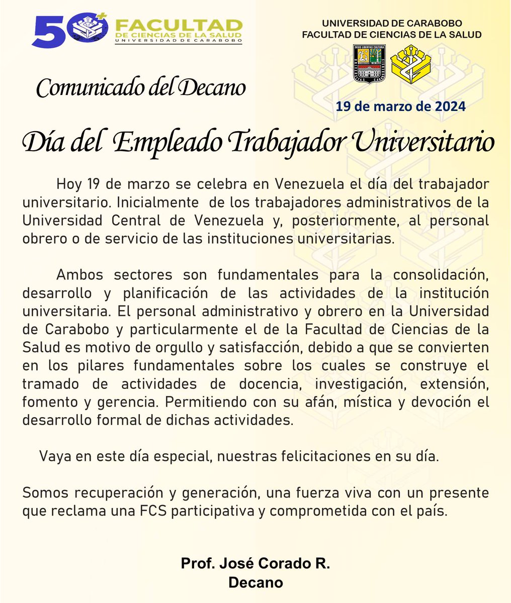 fcsaragua's tweet photo. Salutación del Decano a propósito de celebrarse el Día del trabajador universitario. https://t.co/okUWoVpK2W