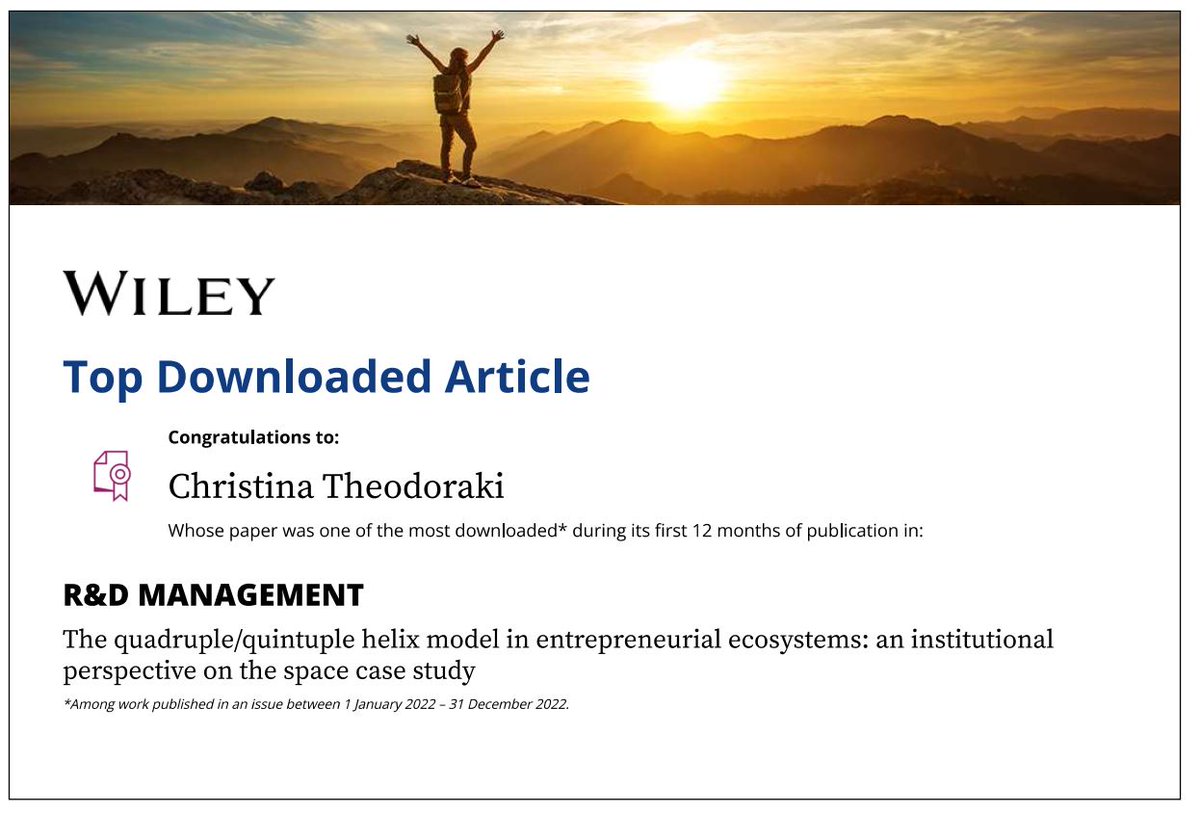 C_Theodoraki's tweet photo. 📢[#TopDownloaded #Article] "The Quadruple/Quintuple Helix model in entrepreneurial ecosystems: An institutional perspective on the space case study” is one of the most downloaded papers during its first 12 months of publication in R&amp;D Management 🚀
➡️https://t.co/dbMQysJpj8 https://t.co/f8v2I2YhSS
