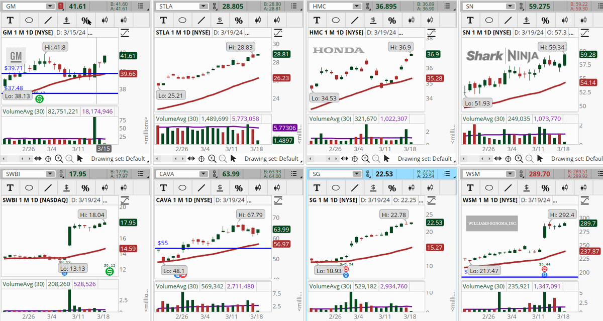 ConnieHillCS's tweet photo. Several Consumer Discretionary sector stocks are popping up in our Early Morning Movers scan. Some examples, not recommendations are: #GM, #STLA, #HMC,#SN, #SWBI, #CAVA, #SG, #WSM. Let's see how well the hold today. https://t.co/eXOgFMJ8P2