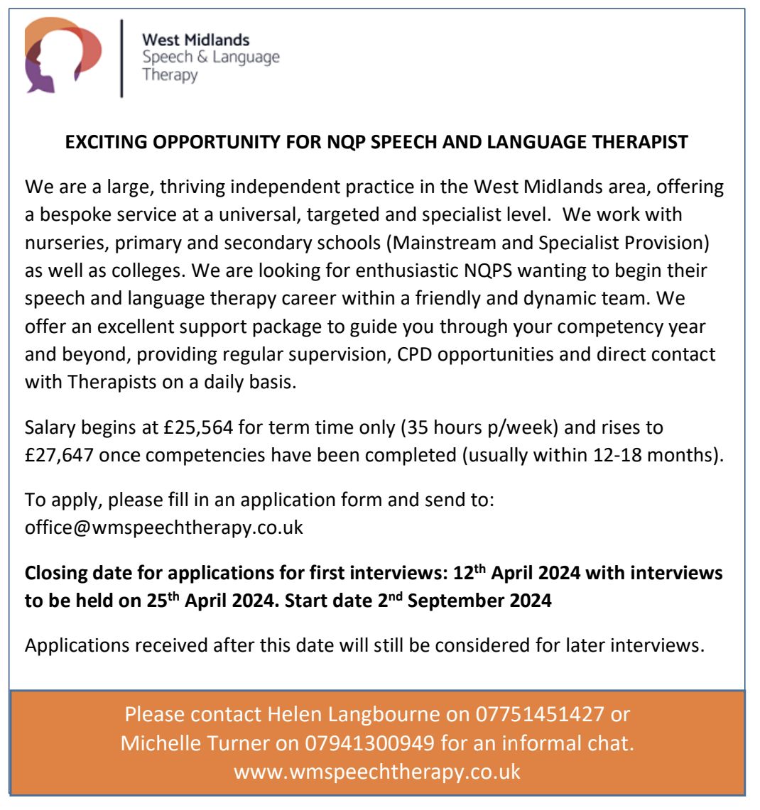 📢📢 WMSLT are HIRING! 

We have an exciting opportunity for a Newly Qualified Speech and Language Therapist to join our team 😄 

➡️ Application form and more details here: wmspeechtherapy.co.uk/transform-live…

#slcnjobs #slt2be #sltjobs #nqpslt