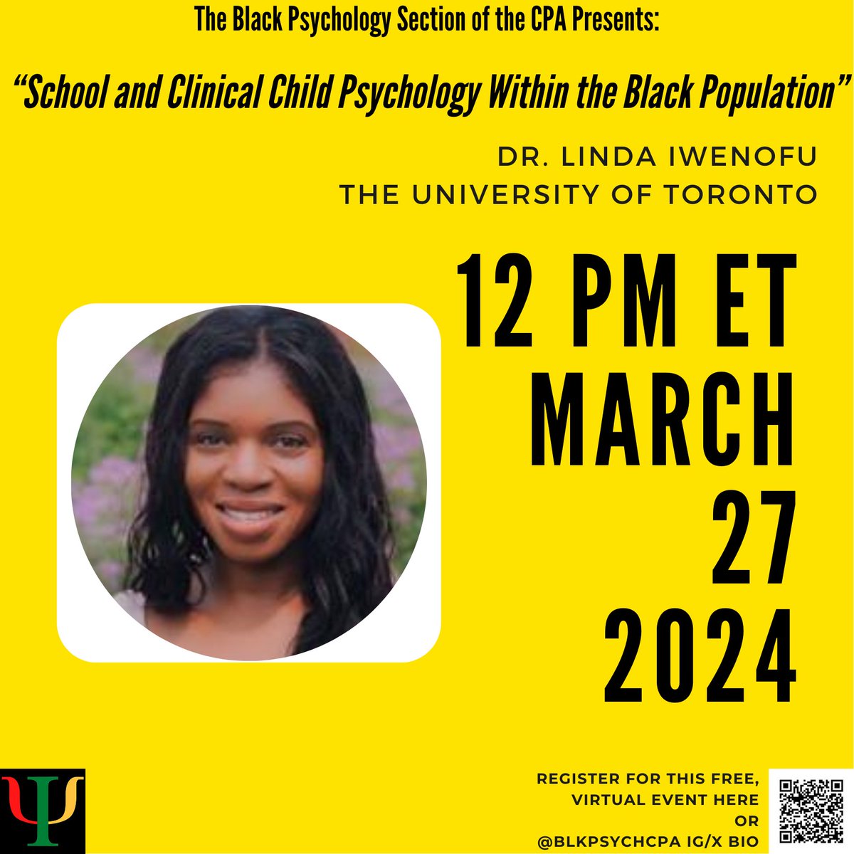 BlkPsychCPA's tweet photo. Join us for 'School and Clinical Child Psychology Within the Black Population'
Presented by Dr. Linda Iwenofu, who will:

- Examine the critical impact of various forms of racism on the mental health of Black children and much more!

Register here: https://t.co/rRmo5sBJwX https://t.co/rhRhmyiMD1