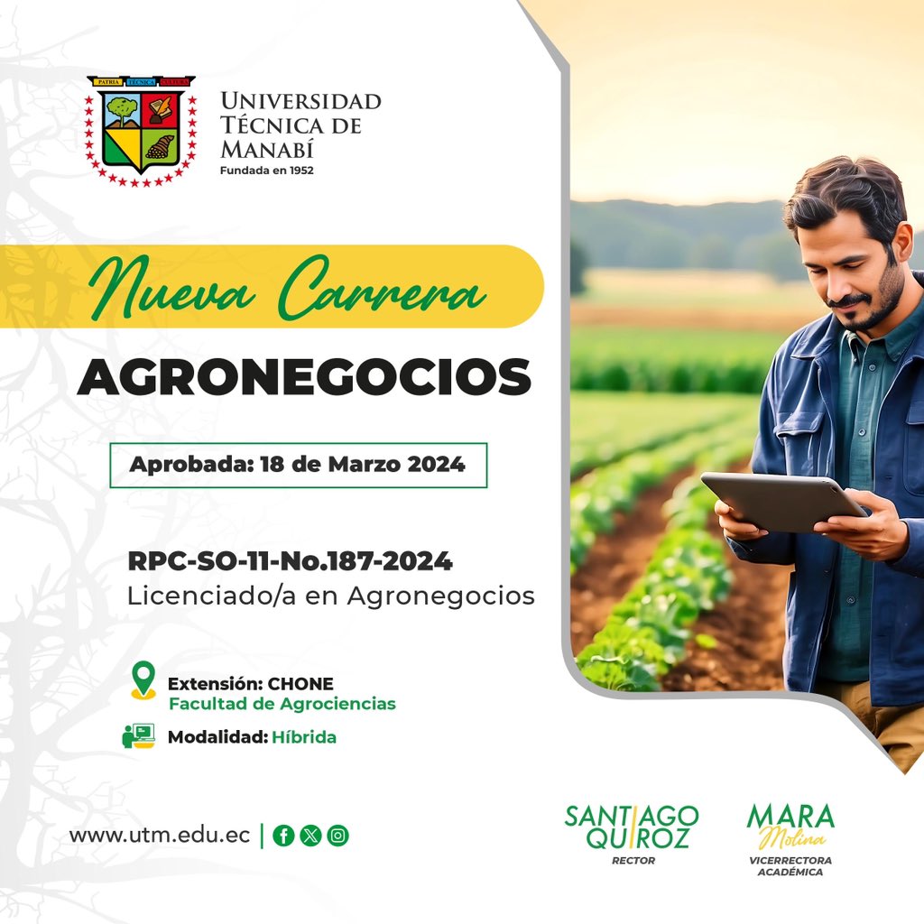 Nueva Carrera 🙌🏻 Fortalecemos nuestra oferta académica, y ahora contamos con la Carrera de Agronegocios, que será parte de la Facultad de Agrociencias, extensión Chone. #UTMUnidos