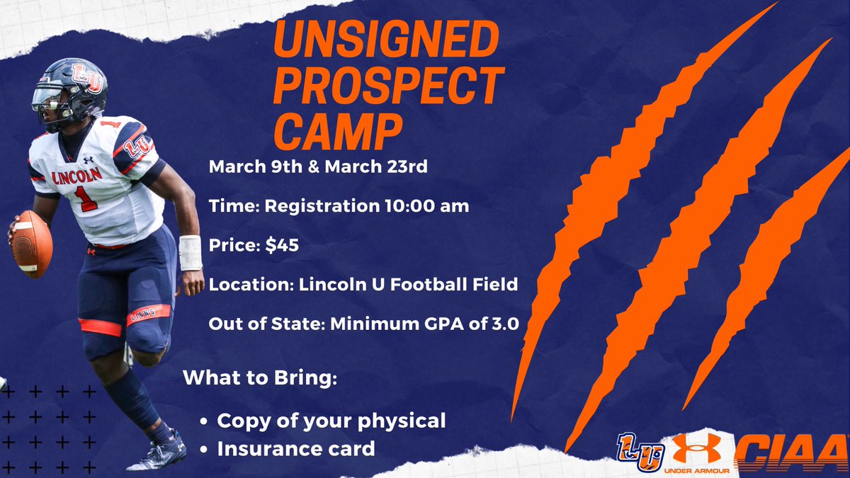 Join the Lincoln University Lions for our Unsigned Prospect Camp. 

March 23, 2024! 

#LUPr1de #ProtectThePr1de #TheLionWay #PR1DE 

🔵🦁🟠