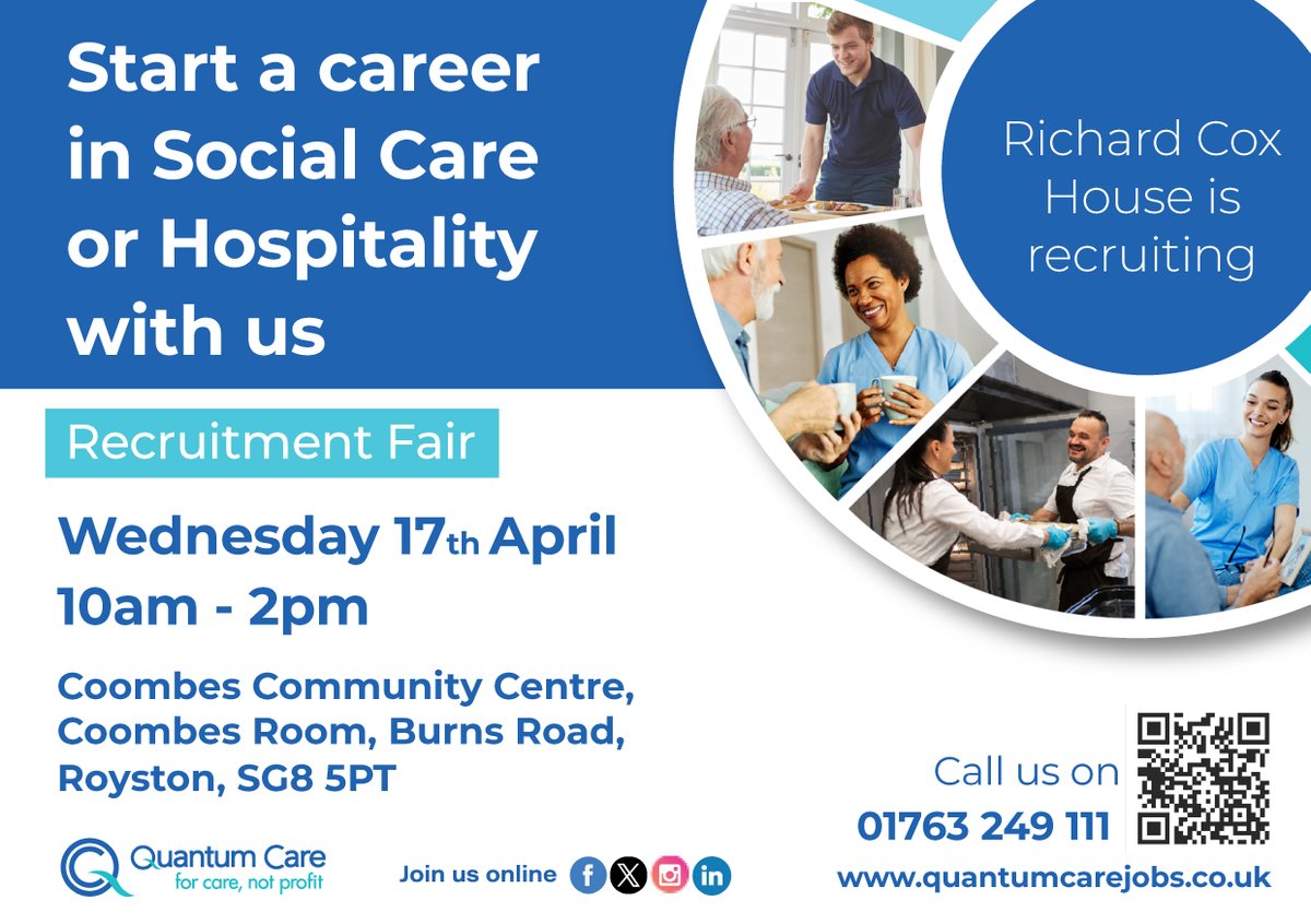 Richard Cox House, our care home located in Royston, will be hosting a Recruitment Fair at Coombes Community Centre on Wednesday, 17th April. Come along to meet some of the team and to find our more about starting a career in social care or hospitality! #Quantumcare #jobs #care